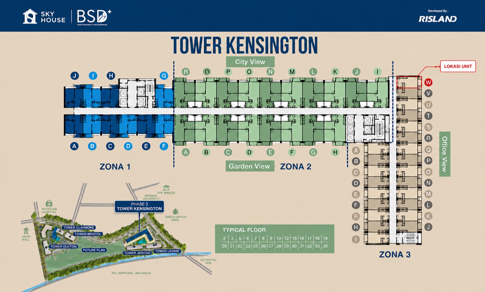 Denah lantai 21 Tower Kensington SkyHouse BSD dengan posisi unit studio di ujung koridor
