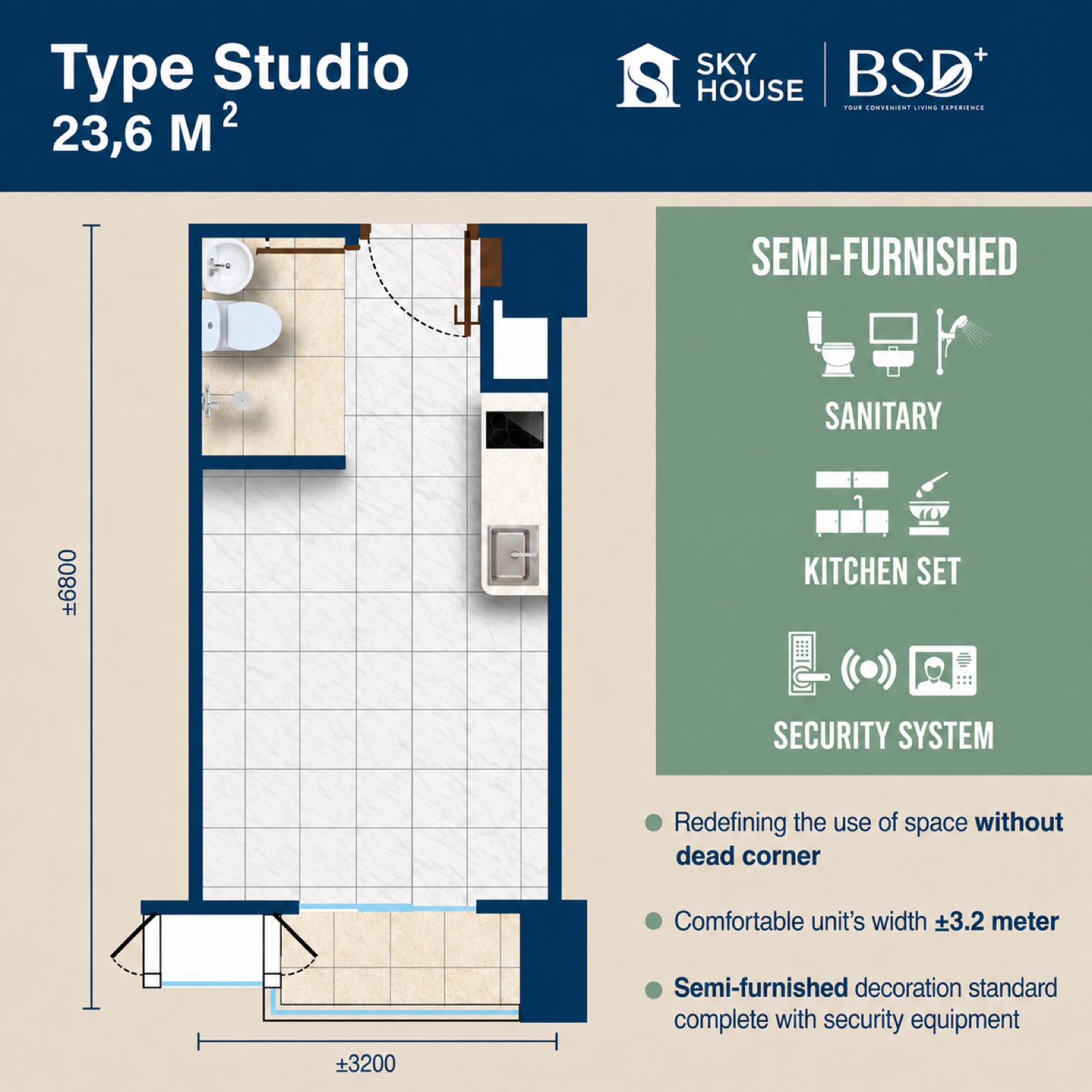 Denah tipe studio SkyHouse BSD Kensington, ±3,2 × 6,8 meter, 24,43 m² semi gross