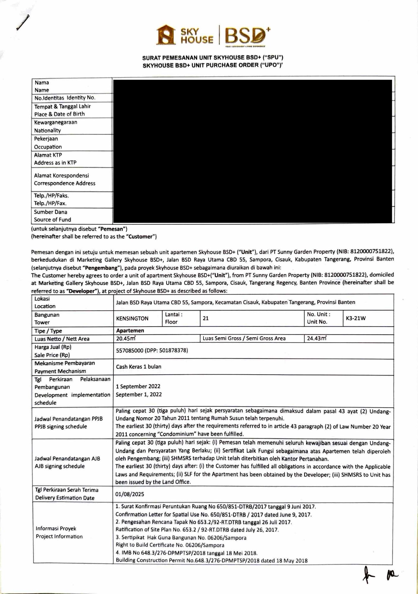 Surat Pemesanan Unit SkyHouse BSD K3-21W, Tower Kensington lantai 21, halaman 1
